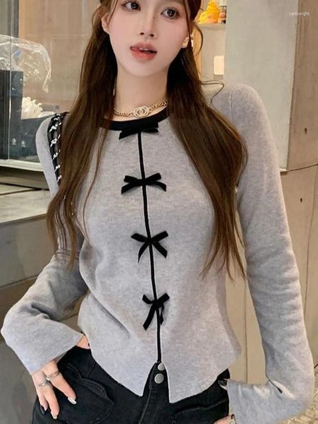 Damen T-Shirts Graues Hemd Frauen Frühling Herbst Langarm Casual Y2k Tops Koreanische Mode Süße süße Schleife T-Shirts O-Ausschnitt Slim Fit Split