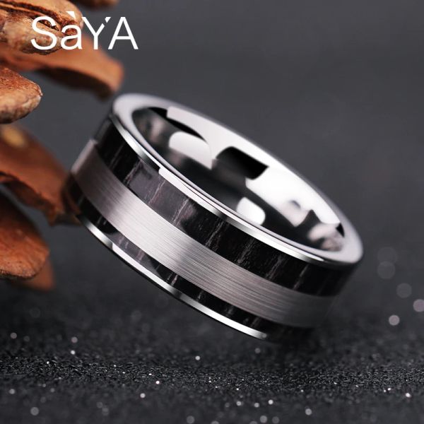 Anéis de casamento de tungstênio de alto polimento, 8 mm de largura para homens, incrustação de madeira preta e acabamento escovado, frete grátis, personalizado