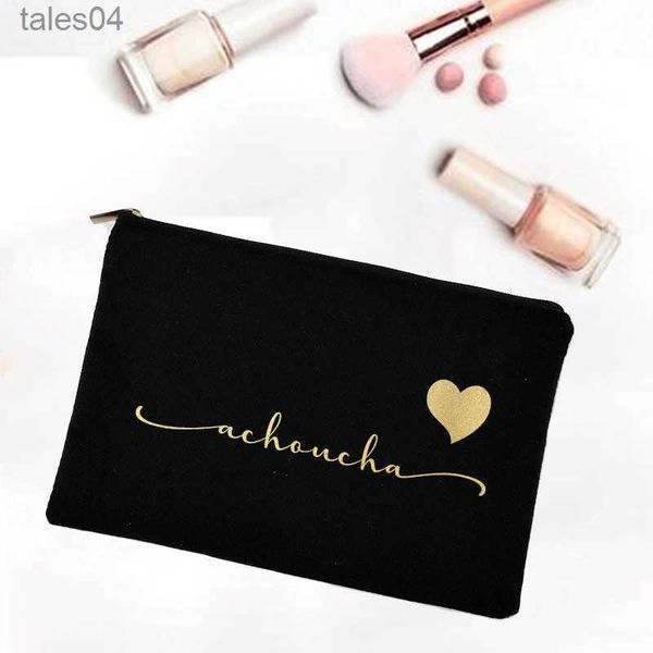 Sacos cosméticos Saco de maquiagem personalizado Nome personalizado Canvas Caso cosmético Casamento Bachelorette Party Presentes Dama de Honra Carta Dourada Impressão Férias YQ240220