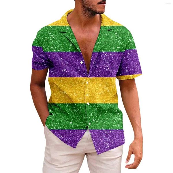 Camicie casual da uomo Camicie da uomo Mardi Gras Carnevale Colore a contrasto Stampa a righe Manica corta Bavero Camicette con bottoni Abbigliamento retrò hawaiano