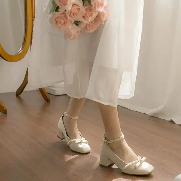 Модельные туфли, женская летняя обувь с бантом для женщин, 2024 г., японский стиль, Лолита, Мэри Джейн, квадратный носок, готический жемчуг, средний каблук, 39 A E