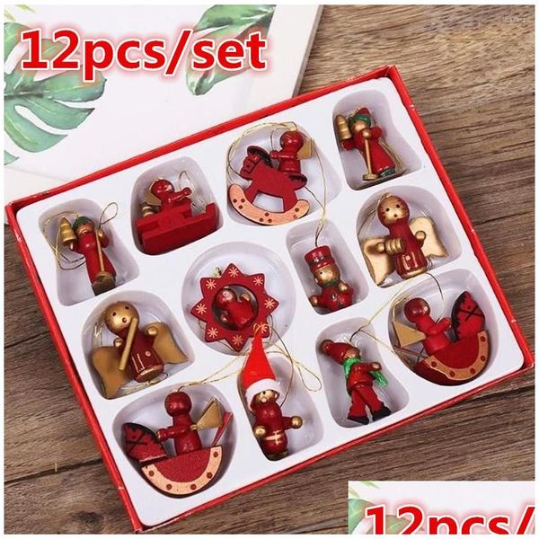 Decorazioni natalizie 12 pezzi / set ornamenti in miniatura in legno albero pendenti pendenti anno regalo giocattolo per bambini decorazioni per feste a casa all'ingrosso Dr Dh28X