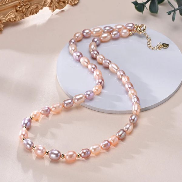 HENGSHENG 6-7 mm Reisform Süßwasser Weiß Rosa Lila Mischfarben Perlenkette 925 Sterling Silber Schmuck für Frauen Mädchen 240220