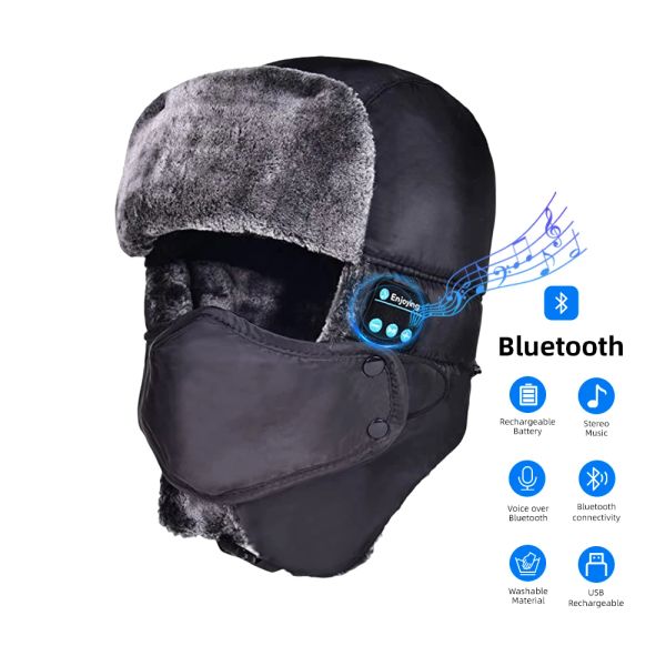 Maschere Cappello da cacciatore invernale per uomo Donna caldo con cuffie wireless Bluetooth, cappelli musica berretto bluetooth con paraorecchie copertura per il viso