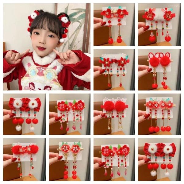 Haarschmuck Quaste Kinder Rote Haarnadel Niedliche Schleife Plüsch Hanfu Sticks Tang-Anzug Clip Blume Alten Stil Mädchen