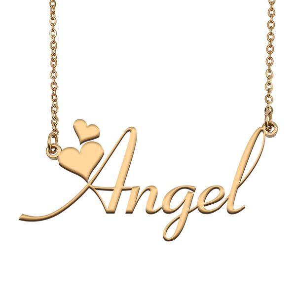 Collana con ciondolo con nome angelo per donne Regali per fidanzate Targhetta personalizzata Gioielli per bambini Migliori amici Gioielli con ciondolo in acciaio inossidabile placcato oro 18k