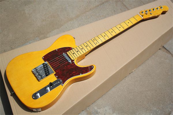 Fábrica personalizada loja luz amarela guitarra elétrica com sintonizadores vintage maple fretboard vermelho pickguard basswood corpo cromo hardware