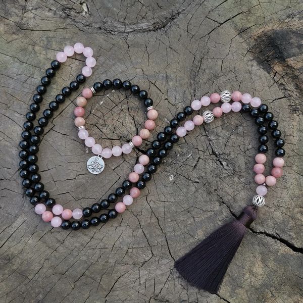 Halsketten 8 mm Rhodrochrosit, Rosenquarz-Japa-Mala-Set, Wärme, Meditations-Mala, Namaste-Yoga-Schmuck, buddhistische Mala-Gebetsperle, 108 Mala-Perle