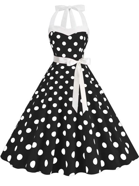 Kleid 2023 Vintage 50er 60er Jahre Damen Sommer Partykleid mit Gürtel Polka Dot Print Neckholder Hepburn Robe Rockabilly Kleider