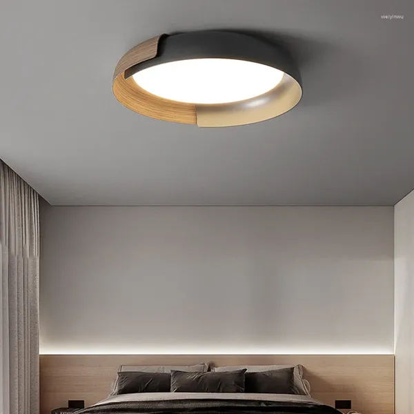 Tavan Işıkları Modern Minimalist Sessiz Rüzgar Ahşap Doku Yatak Odası Çalışması İçin LED Avize Çatı katı Oturma Odası Demir Dairesel Yuvarlak Işık