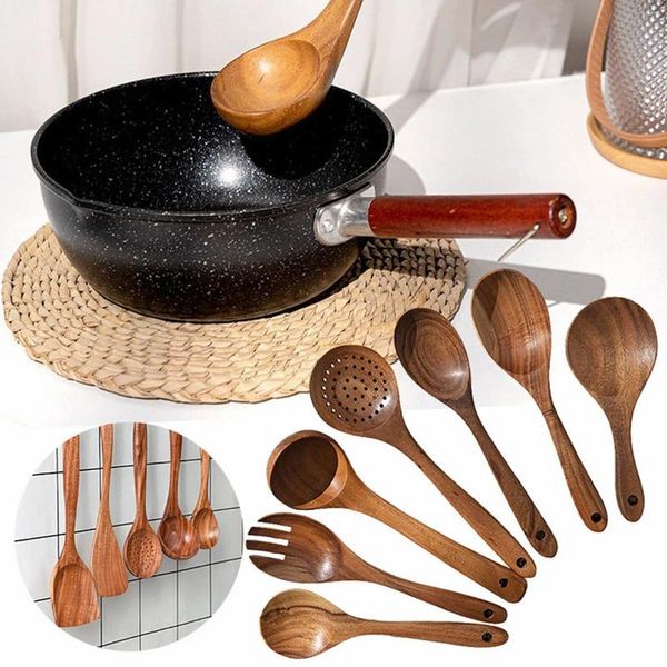 Set di posate 7 pezzi utensili da cucina in legno utensili da cucina utensili in legno di teak naturale tovagliette in sughero duro antiaderente sala da pranzo al coperto