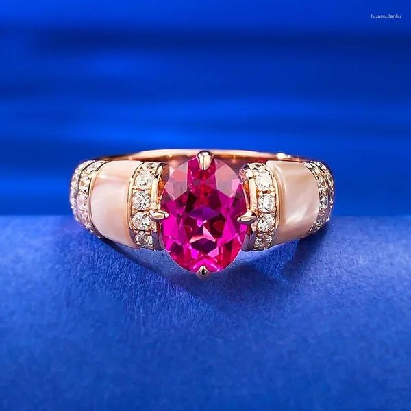 Cluster-Ringe Natürliche rosa Muschel Rupie roter Diamantring mit europäischem und amerikanischem Stil Premium 925 Sterling Silber Göttin Damen