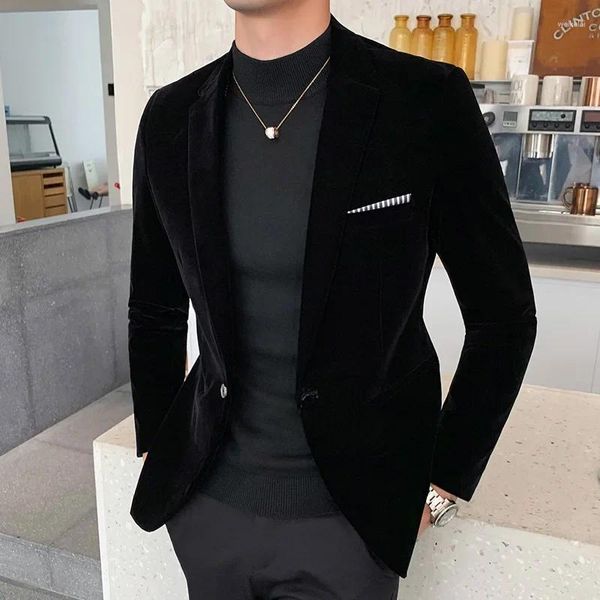 Erkek takım elbise şık kadife takım elbise ceket yüksek kaliteli çentik tek düğmesi ince blazer moda resmi iş rahat erkek 1 parça