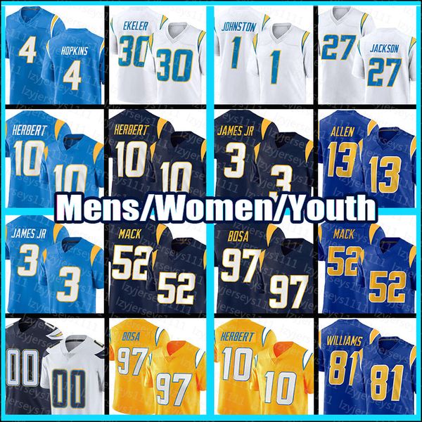 Camisas de futebol 10 Justin Herbert Los Angeles Chargeres Khalil Mack Joey Bosa Keenan Allen Dustin Hopkins Austin Ekeler C01