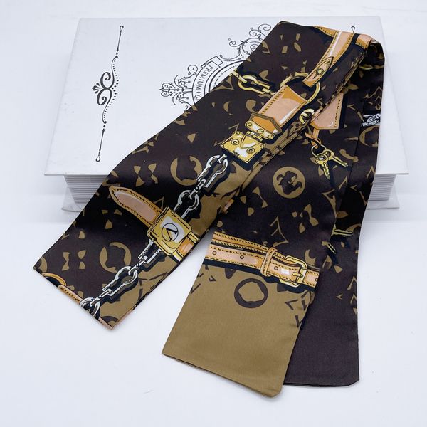 Designer Lenço de seda quatro folhas trevo de tecido macio designer imprimir lenços florais bandana de seda para mulheres garotas longos lenços de saco de saco de fita de fita de fita g2in