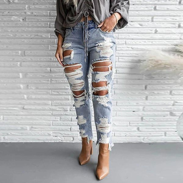 Jeans da donna Pantaloni in denim con foro da donna Tasca con bottoni Pantaloni elastici in vita sottili alla moda Pantaloni skinny casual strappati