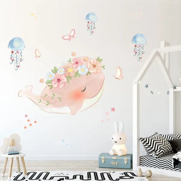 Adesivi murali Cartoon Balena per la camera dei bambini Decorazioni per la camera da letto delle ragazze Nursery Mural Living Wallstickers Home Decals Poster