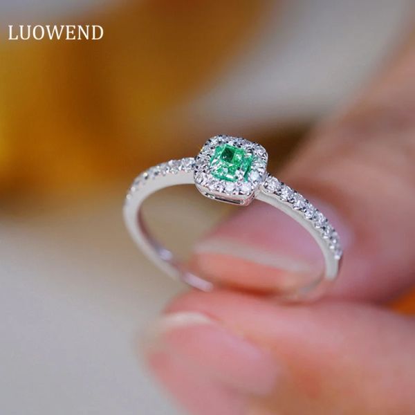 Anéis Luowend 18k anéis de ouro branco real natural verde diamante anel de noivado para mulheres alta jóias de casamento estilo de luxo