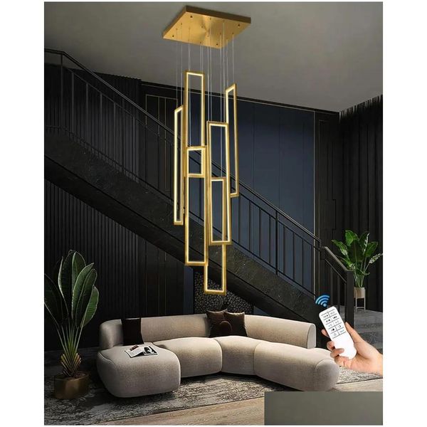 Lampadari Moderni Lampadario a Led Nero Grande Contemporaneo per Scala Dimmerabile F Mount Soffitto Alto con Consegna a Goccia Remota Lig Dhsj8