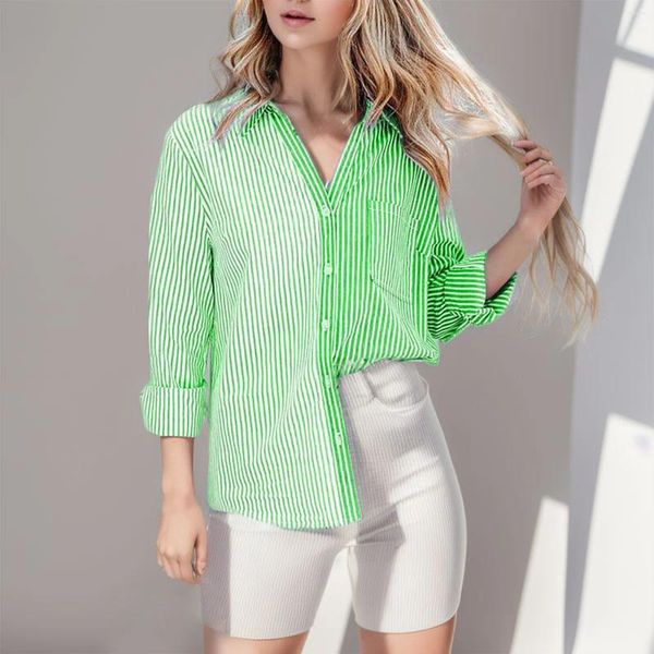 Blusas femininas listradas cor bloco impressão camisa de manga comprida cardigan com fecho de botão único versátil topos blusa feminina 2024 outono