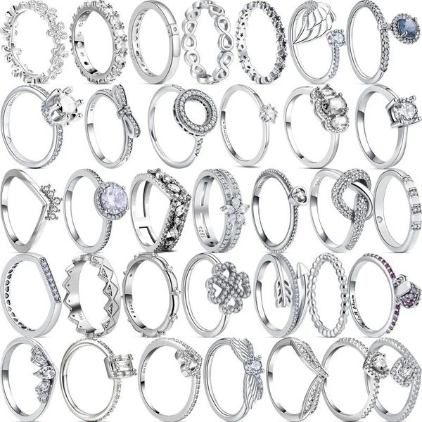 Anelli a grappolo Pantaro Fiore primaverile Bowknot Piuma Corona Trifoglio Scintillante Argento sterling 925 Anello tondo Donna Regalo originale di alta gioielleria