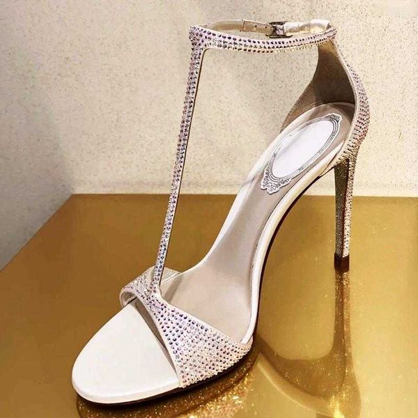 Sandalen mit Bling-Kristall, T-Steg, prägnante Designer-Schuhe mit offenem Zehenbereich, Ausschnitt, Strasssteinen, dünnem High-Heel, eleganten silbernen Stiletto-Schuhen