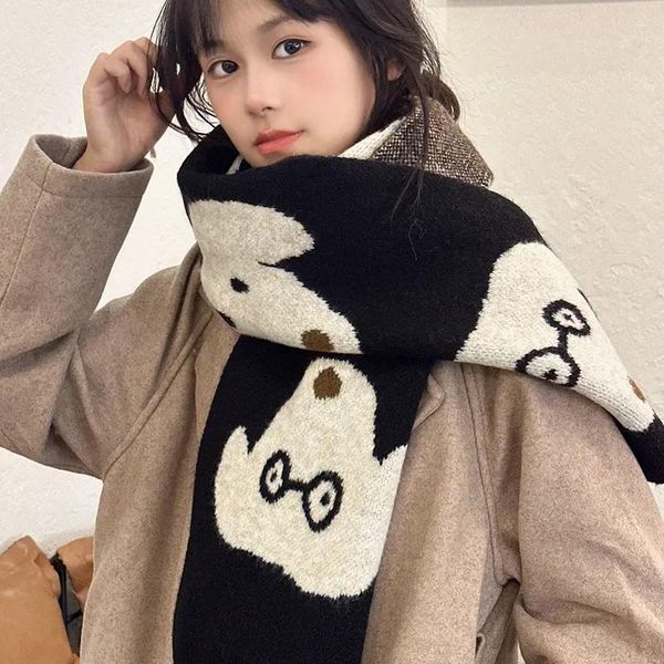 Lenços 1 Pcs Lenço de Malha Cão Bonito Preto Branco Engrossado Inverno Quente Mulheres Kawaii Presentes de Ano de Natal