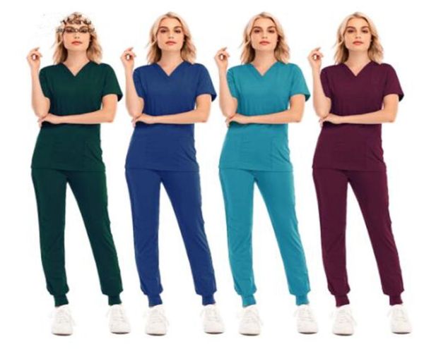 Donna039s Pantaloni a due pezzi Donna039s Tinta unita Spa Filettato Clinica Abiti da lavoro Top Unisex Scrub Pet Infermieristica Uniforme3302766