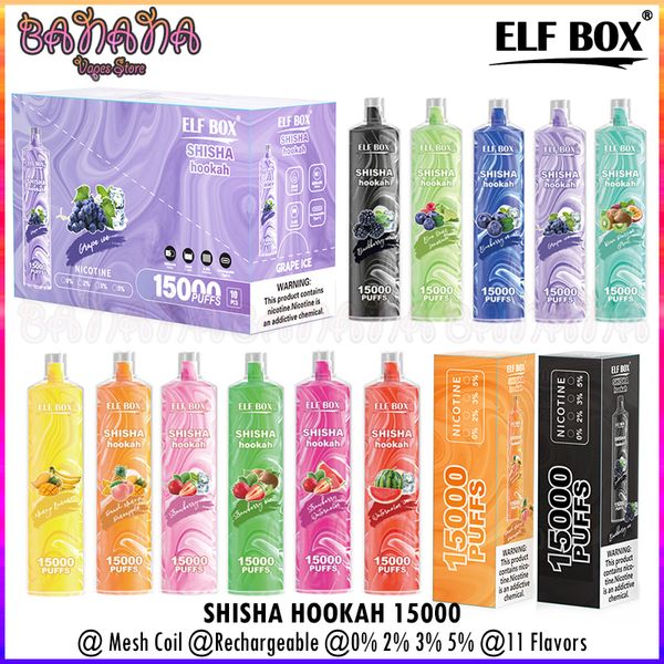 Authentic Elf Box 15000 Puff monouso Vape Shisha Narghilè Puff 15k Mesh Coil Ricaricabile Pen Bar Kit Vaper 11 colori 0% 2% 3% 5%