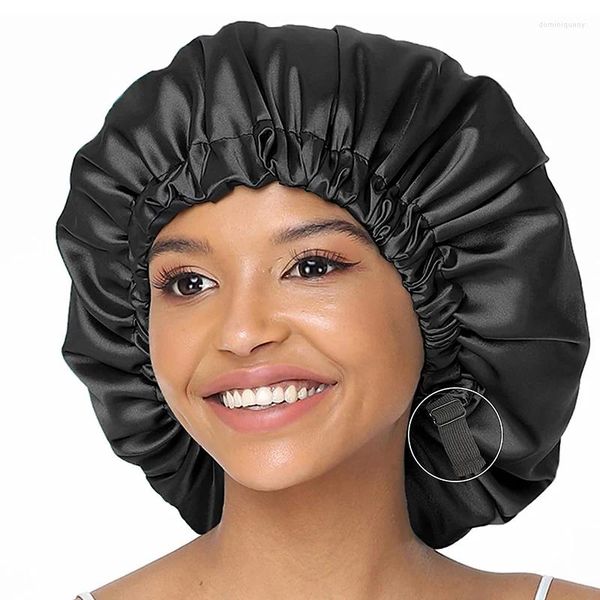 Berets feminino grande cetim bonnet sedoso noite dormir boné botão de ajuste chapéu salão de beleza cuidados com o cabelo produtos do banheiro