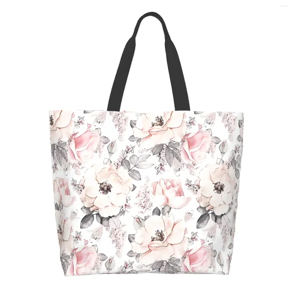 Einkaufstaschen, rosa Blumen und Blätter, extra große Einkaufstasche, Blumenmuster, wiederverwendbare Tragetasche, Reiseaufbewahrung, leichte Schultertasche