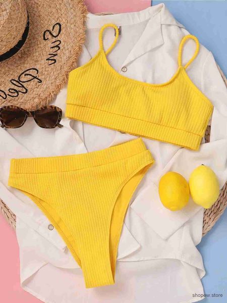 Женские купальники, сексуальное однотонное желтое бикини 2024 Mujer, плиссированный женский купальник с высоким вырезом, отдельный пляжный купальный костюм, купальник с высокой талией, Biquini, новинка
