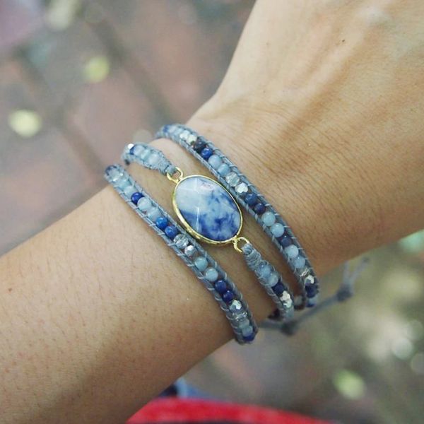 Braccialetti Drop Shipping Vintage 3 volte blu misto pietra naturale cristallo perline impilabile regolabile braccialetto da polso avvolgente regalo di gioielli