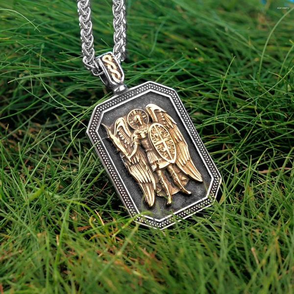 Anhänger Halsketten Klassische Erzengel Saint Michael Krieger Schild Halskette Nordic Herren Edelstahl Amulett Modeschmuck