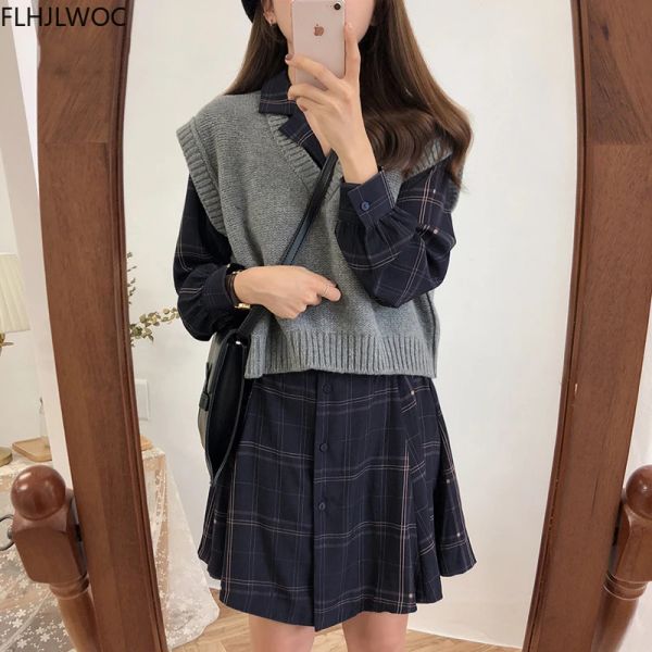 Kleider Herbst Grundlagen Mini Kleider Heiße Frauen Langarm Japan koreanisches Stil Design süßes süßes eine Linie Vintage Girls Plaid Hemd Kleid