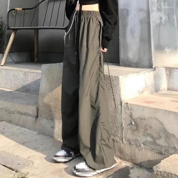 Pantaloni da donna Verde militare Cargo per le donne Moda Elastico a vita alta Pantaloni larghi a gamba larga Donna Casual Pantaloni sportivi con piedi a fascio Streetwear