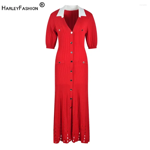 Vestidos de festa verão mulheres longo brilhante vermelho malha vestido puff manga polo colarinho sexy design de moda para senhora de alta qualidade