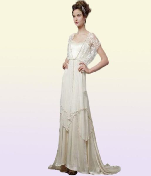 Vintage Elfenbein 1920er Brautkleider mit Ärmeln Catherine Deane Lita Modest Fairy Lace Chiffon V-Ausschnitt in voller Länge 2019 Bridal Gow5631345