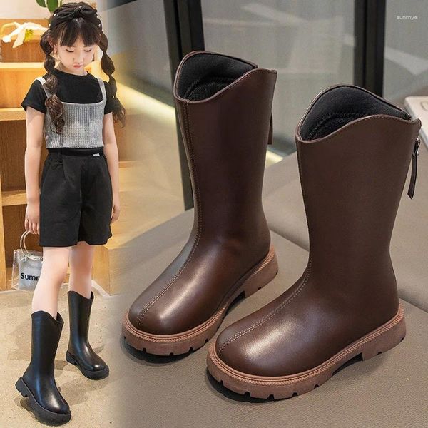 Botas meninas longas 2024 inverno estilo britânico preto crianças cavaleiro princesa pelúcia alta 4-15 anos de idade