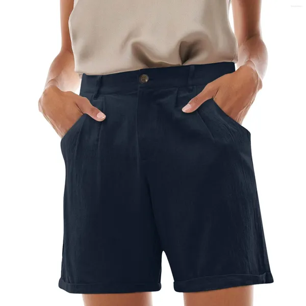 Женские шорты, женские повседневные однотонные хлопковые льняные брюки-карго, модные плиссированные офисные брюки с карманами на молнии и пуговицами, 2024