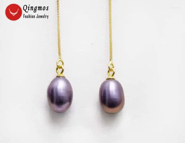 Orecchini pendenti Qingmos rosa 7-9mm goccia perla nera per donna con argento sterling color oro S925 4 '' orecchino linea orecchio Ear660