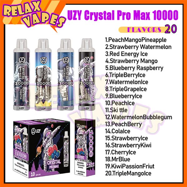 Original UZY Crystal Pro Max 10000 Puff Vapes Pen 1.2ohm Mesh Coil 16ml Pod pré-preenchido 650 mAh Bateria recarregável Cigarros eletrônicos descartáveis 0% 2% 3% 5% Nível de resistência