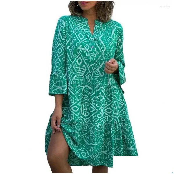 Grundlegende Freizeitkleider Kleid Bohemian Geometrischer Druck Midi mit Dreiviertel-Hornärmeln A-Li Ork Design für Damen Frühling Drop De Ot4HD