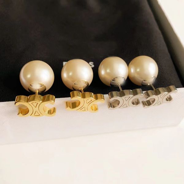 Luxo Big Pearl Letters Designer Brincos para Mulheres 18K Gold Studs Elegante Charme Dupla Face Bola Retro Vintage Brincos Brinco Anéis de Festa Jóias Presente