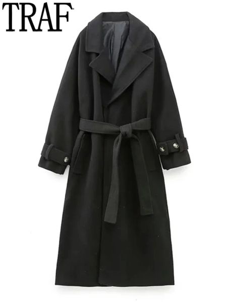 Ratos traf preto casaco longo para mulheres manga longa elegante inverno mulher casacos 2023 moda cinto casaco de inverno feminino novo em outerwears