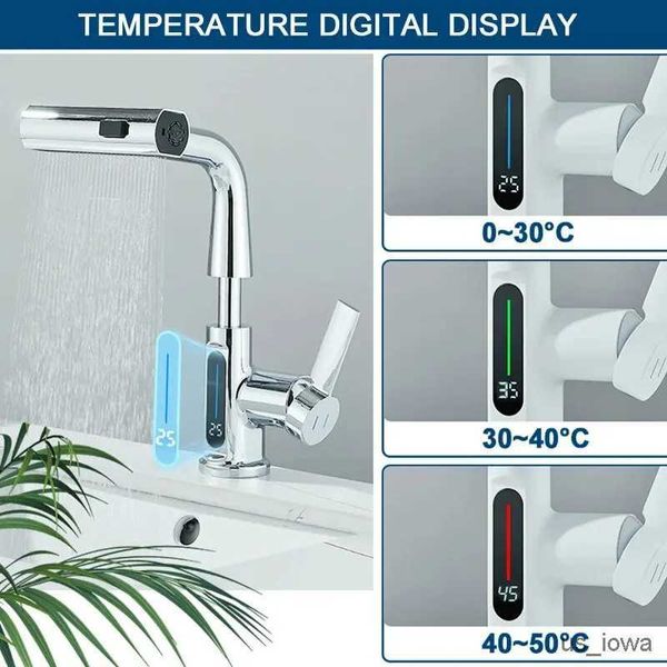 Torneiras da pia do banheiro Torneira da bacia com display digital de temperatura para banheiro Pull Out Waterfall Stream 3 Way Pulverizador Hot Cold Water Sink Mixer Wash Tap