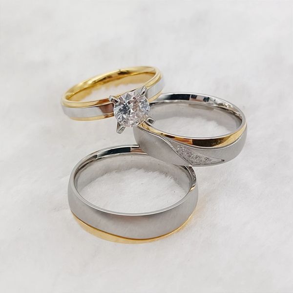 Anéis de casamento e noivado, conjuntos para homens e mulheres, aço inoxidável, diamante cz, joias para casais, joyas al por mayor