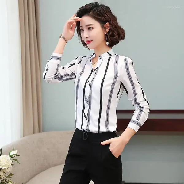 Blusas femininas moda francesa feminina manga longa chiffon camisa de algodão macio fino verão senhora impressa com listras pretas e brancas