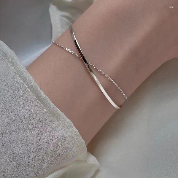 Braccialetti a maglie Bracciale rigido con ciondolo a catena semplice placcato argento 925 per regalo di gioielli eleganti per ragazze da donna E2372