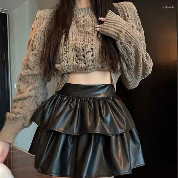 Gonne PU Pelle nera Donna Stile coreano Vita alta Pieghettato Donna Kawaii All Match Streetwear Y2K Minigonna S Faldas C